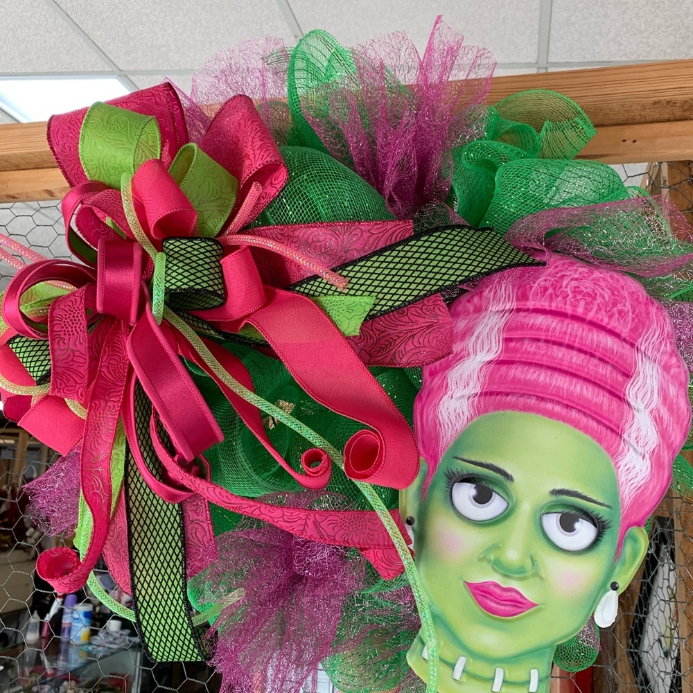 Vibrant Halloween Wreath with Green and Pink Ribbons